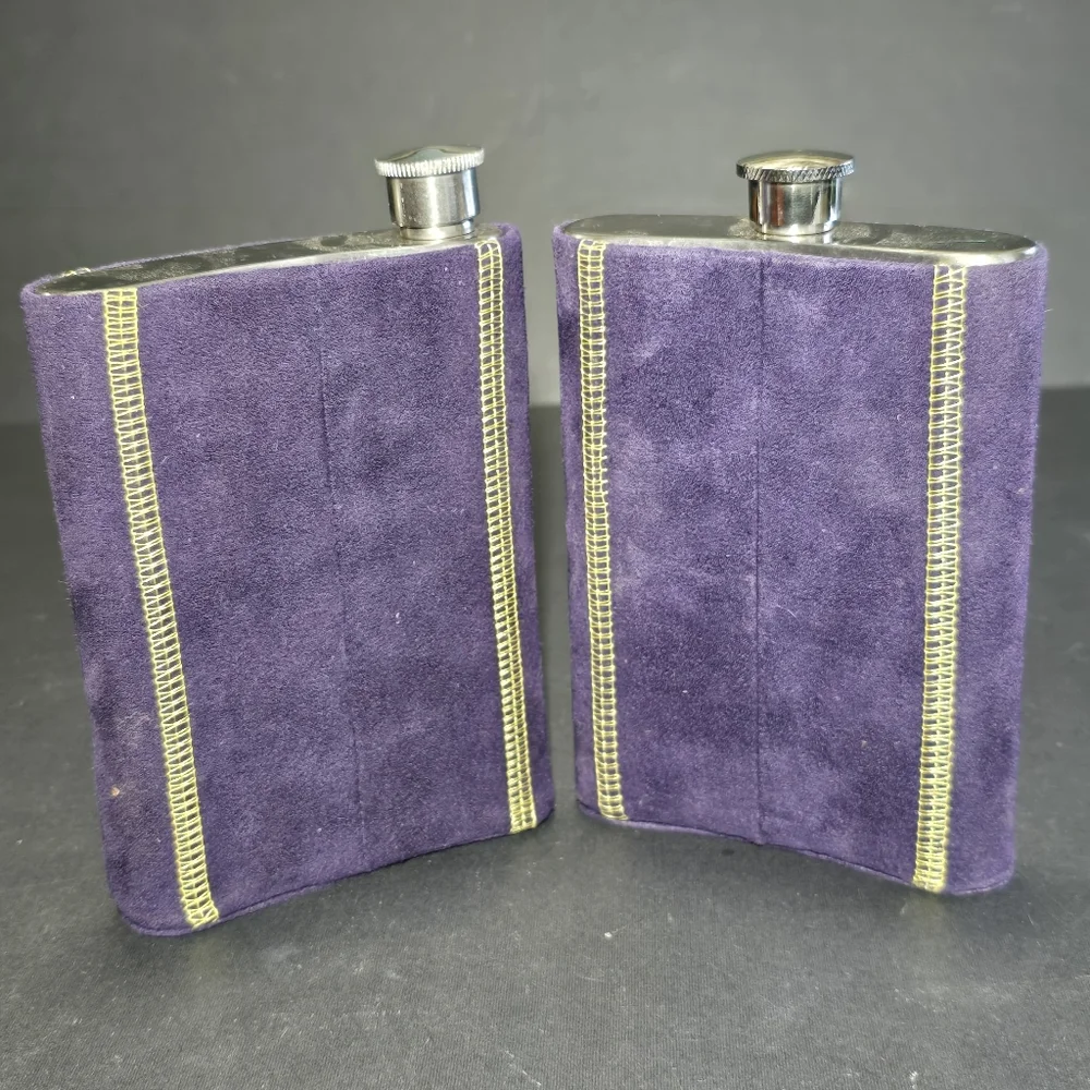 Crown Royal Stainless Steel Hip Flask Set Of 5 Purple Suede Leather Barware